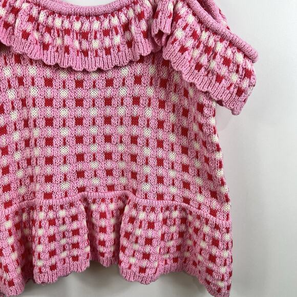 New Paid Crochet Entro Pink Red Knit Ruffle Crop Top Large Cotton Boho Kidscore - Picture 3 of 13